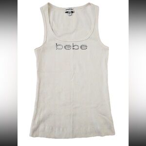 Bebe Vtg Y2K Mcbling Ribbed Long Body Rhinestone Logo Tank Top Womans Sz Lg